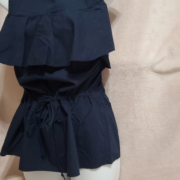 Like NEW Banana Republic Cotton Navy Ruffle Top Sz M, Cinched Waist - Picture 2 of 8